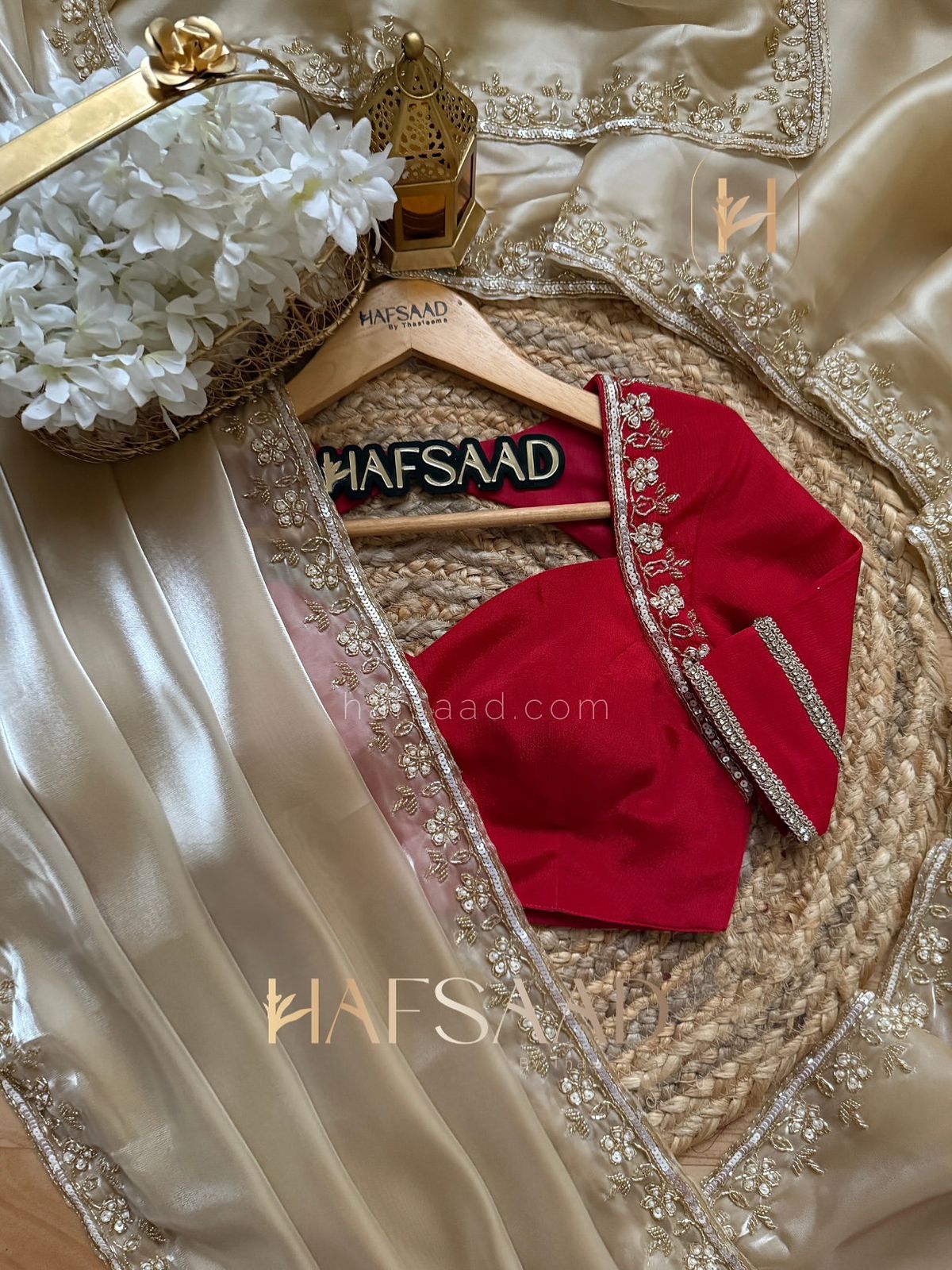 Beige & Red Premium Soft silk Saree with Sequins & cut dana Handwork