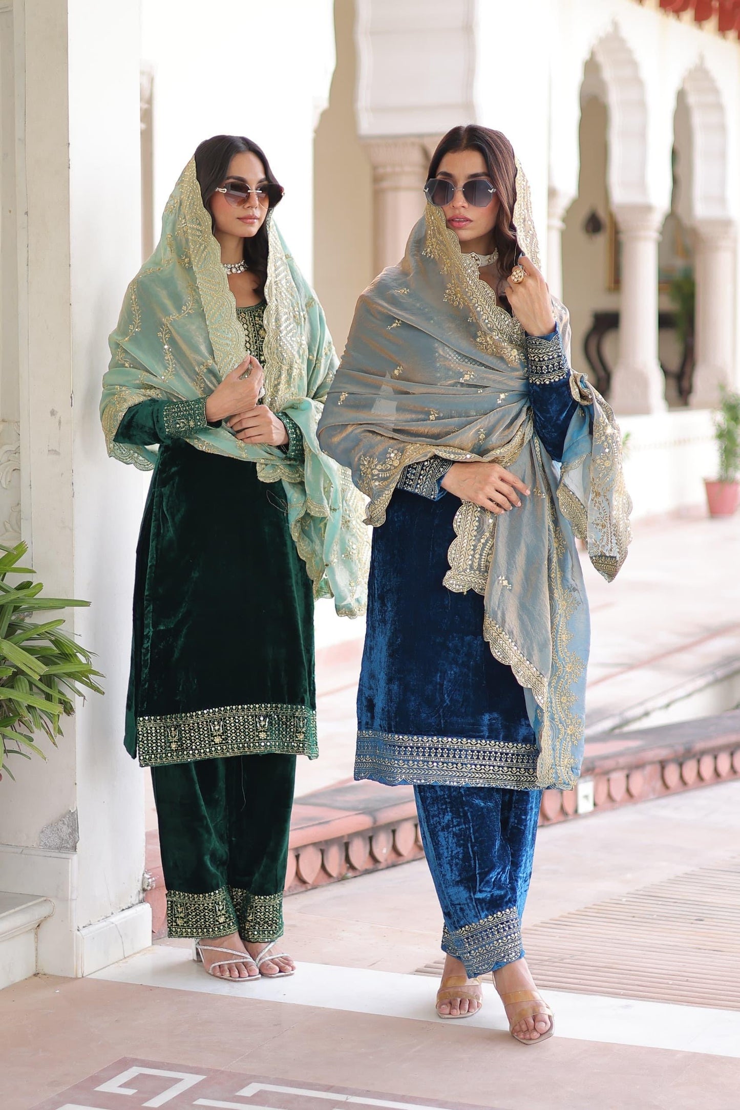Premium Green Velvet Top Pant Dupatta Set with Sequins & Zari Embroidery | Designer Festive Wear 2025