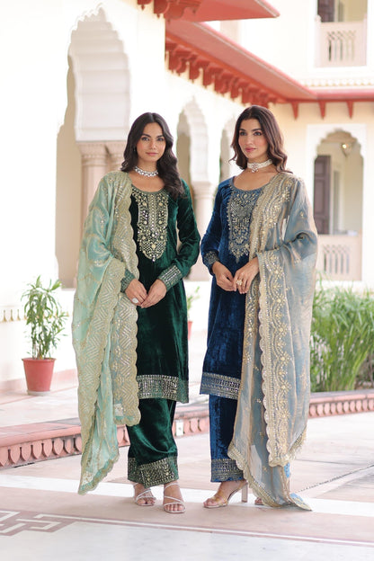 Premium Green Velvet Top Pant Dupatta Set with Sequins & Zari Embroidery | Designer Festive Wear 2025