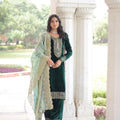 Premium Green Velvet Top Pant Dupatta Set with Sequins & Zari Embroidery | Designer Festive Wear 2025