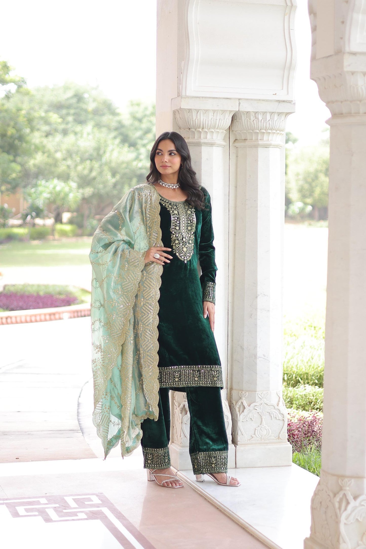 Premium Green Velvet Top Pant Dupatta Set with Sequins & Zari Embroidery | Designer Festive Wear 2025