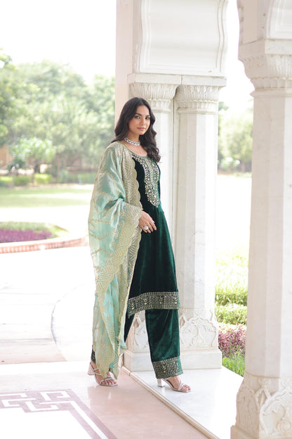 Premium Green Velvet Top Pant Dupatta Set with Sequins & Zari Embroidery | Designer Festive Wear 2025