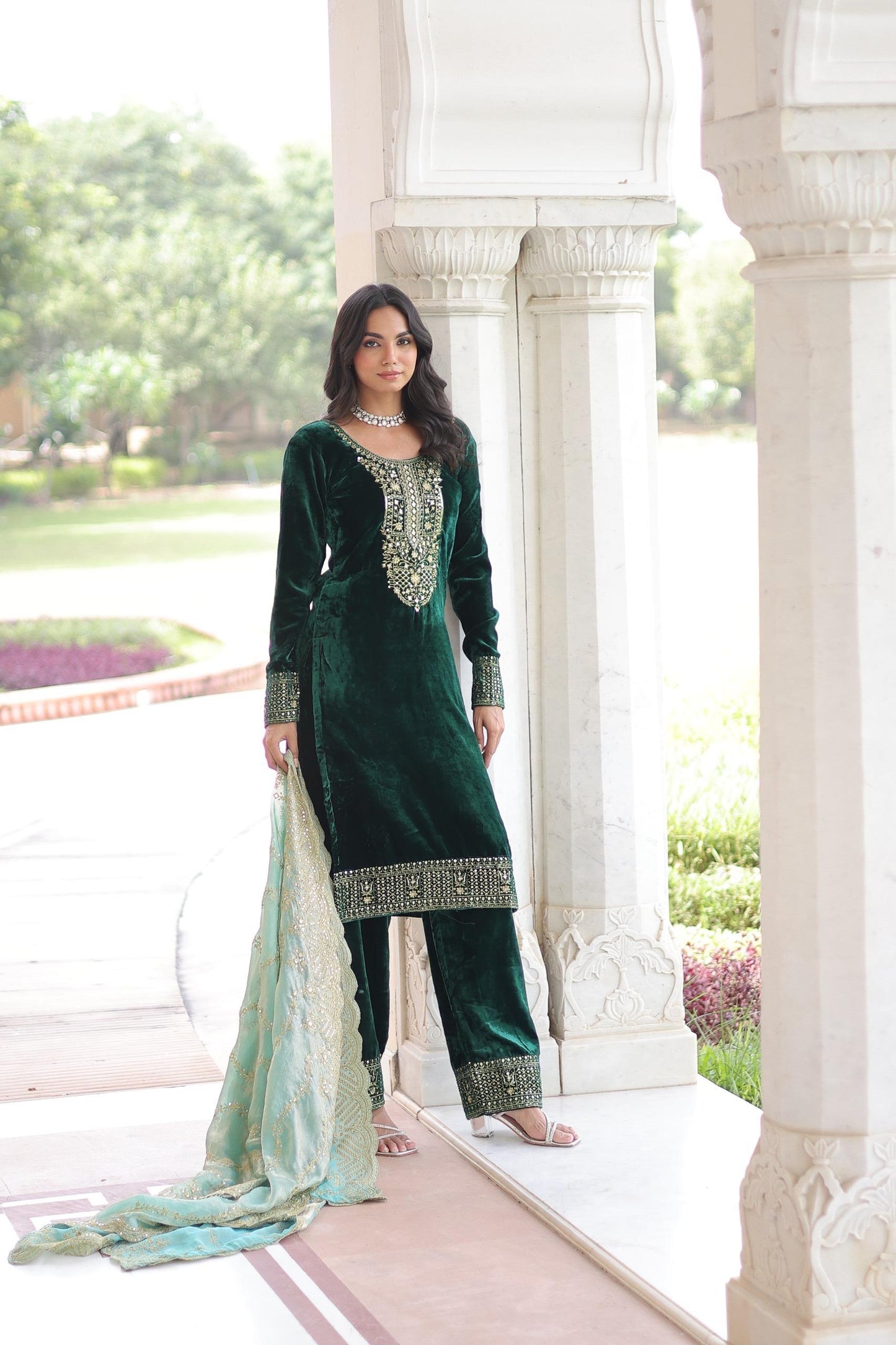 Premium Green Velvet Top Pant Dupatta Set with Sequins & Zari Embroidery | Designer Festive Wear 2025
