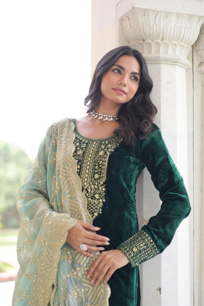 Premium Green Velvet Top Pant Dupatta Set with Sequins & Zari Embroidery | Designer Festive Wear 2025