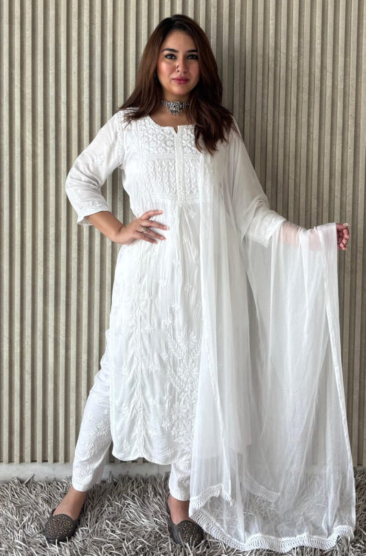Modal Satin Nyra-Style Kurta Set with 3D Chikankari Handwork