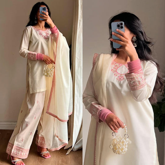 Beige Designer Party Wear Rayon Cotton Silk Top with Farshi Salwar & Dupatta Set