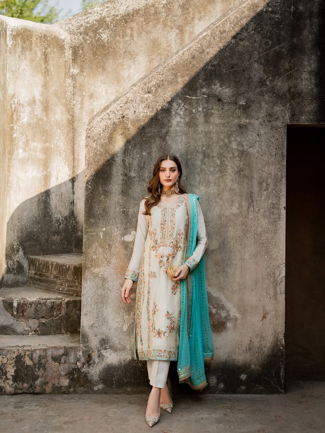 Ivory and Sea Green Designer Party Wear Silk Top, Palazzo & Dupatta Set with Heavy Embroidery