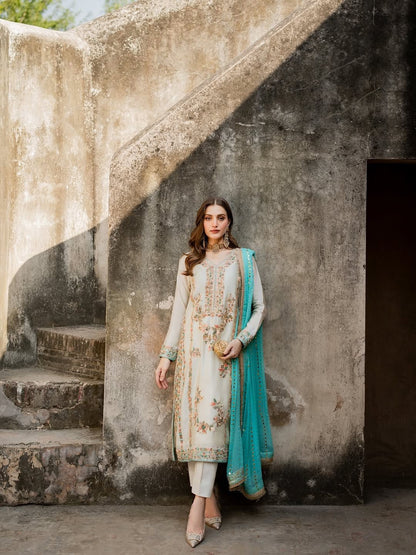 Ivory and Sea Green Designer Party Wear Silk Top, Palazzo & Dupatta Set with Heavy Embroidery