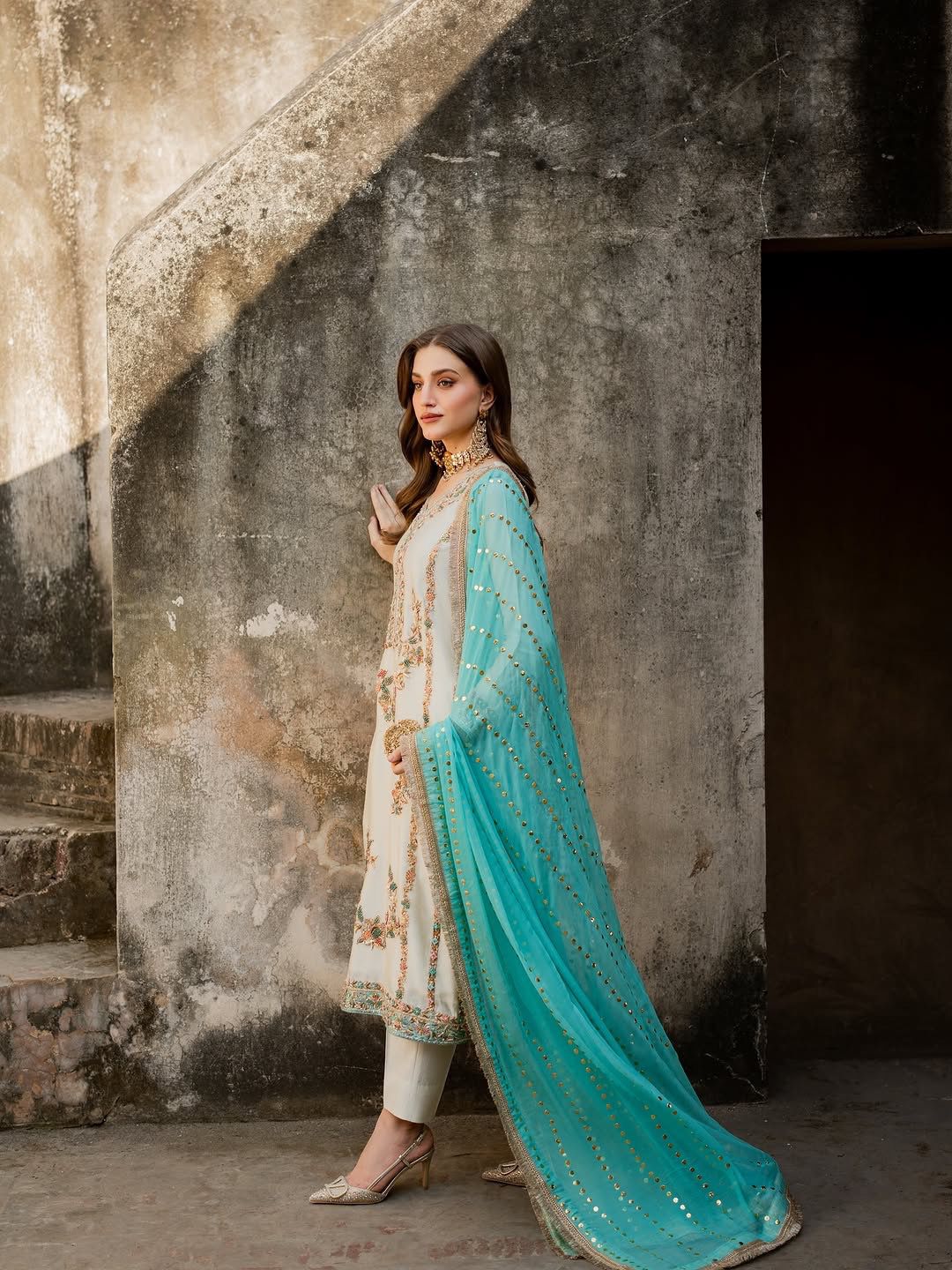 Ivory and Sea Green Designer Party Wear Silk Top, Palazzo & Dupatta Set with Heavy Embroidery