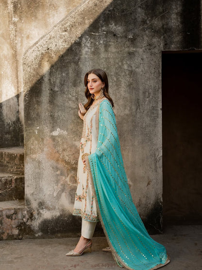 Ivory and Sea Green Designer Party Wear Silk Top, Palazzo & Dupatta Set with Heavy Embroidery
