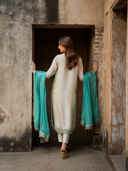 Ivory and Sea Green Designer Party Wear Silk Top, Palazzo & Dupatta Set with Heavy Embroidery