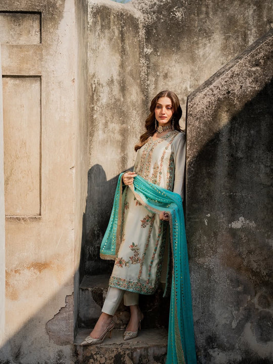 Ivory and Sea Green Designer Party Wear Silk Top, Palazzo & Dupatta Set with Heavy Embroidery