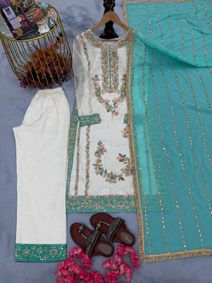 Ivory and Sea Green Designer Party Wear Silk Top, Palazzo & Dupatta Set with Heavy Embroidery