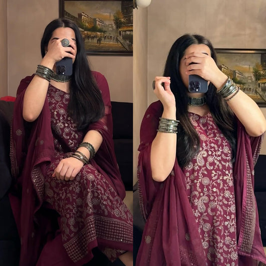 Desirable Wine Color Fancy Faux Georgette Sequins Embroidered Top & Pant Set with Dupatta
