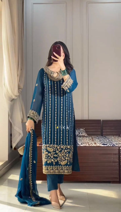 Crystal Teal Designer Chinon Silk Embroidered Top–Bottom–Dupatta Set