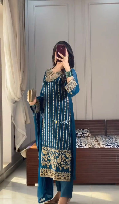 Crystal Teal Designer Chinon Silk Embroidered Top–Bottom–Dupatta Set