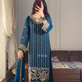 Crystal Teal Designer Chinon Silk Embroidered Top–Bottom–Dupatta Set
