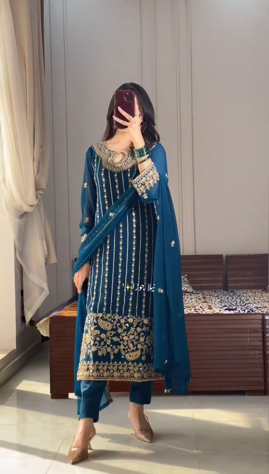 Crystal Teal Designer Chinon Silk Embroidered Top–Bottom–Dupatta Set