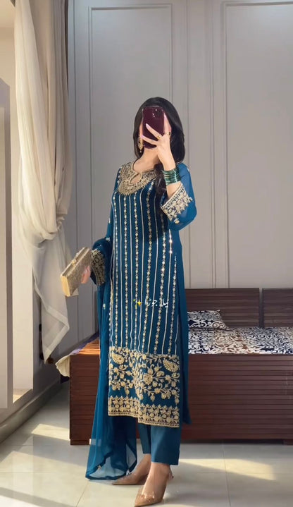 Crystal Teal Designer Chinon Silk Embroidered Top–Bottom–Dupatta Set