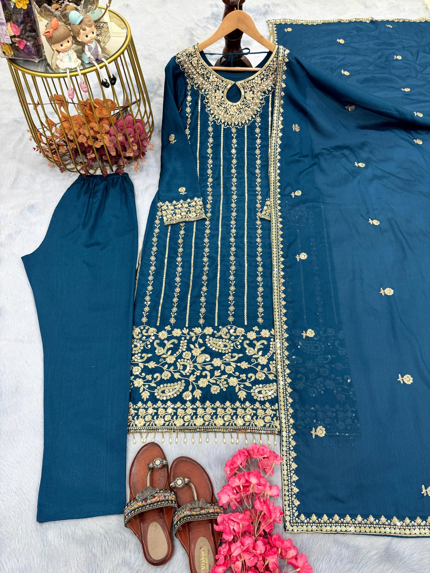 Crystal Teal Designer Chinon Silk Embroidered Top–Bottom–Dupatta Set
