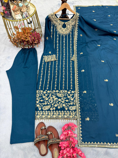 Crystal Teal Designer Chinon Silk Embroidered Top–Bottom–Dupatta Set