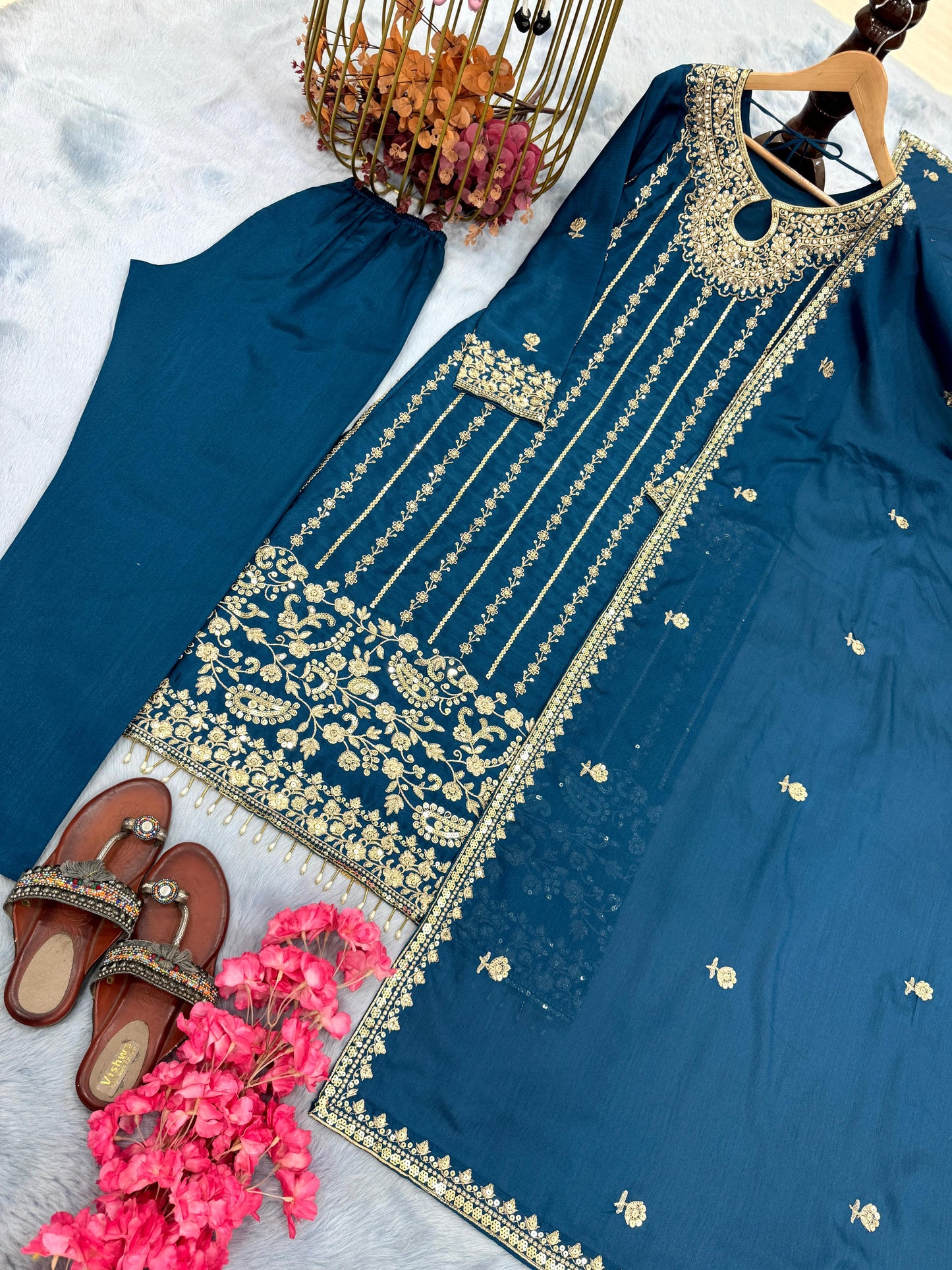 Crystal Teal Designer Chinon Silk Embroidered Top–Bottom–Dupatta Set