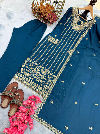 Crystal Teal Designer Chinon Silk Embroidered Top–Bottom–Dupatta Set