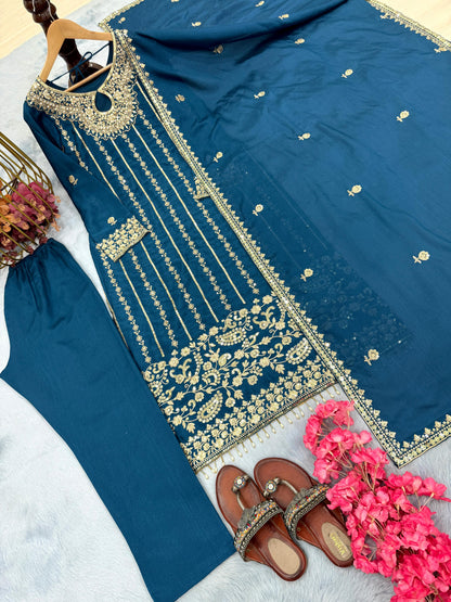 Crystal Teal Designer Chinon Silk Embroidered Top–Bottom–Dupatta Set