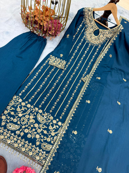 Crystal Teal Designer Chinon Silk Embroidered Top–Bottom–Dupatta Set