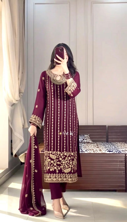 Wine Purple Designer Chinon Silk Embroidered Top–Bottom–Dupatta Set
