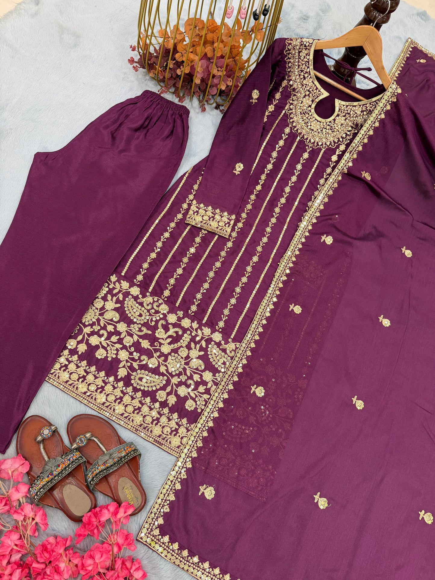 Wine Purple Designer Chinon Silk Embroidered Top–Bottom–Dupatta Set