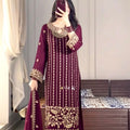Wine Purple Designer Chinon Silk Embroidered Top–Bottom–Dupatta Set