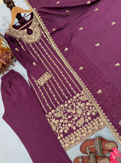 Wine Purple Designer Chinon Silk Embroidered Top–Bottom–Dupatta Set