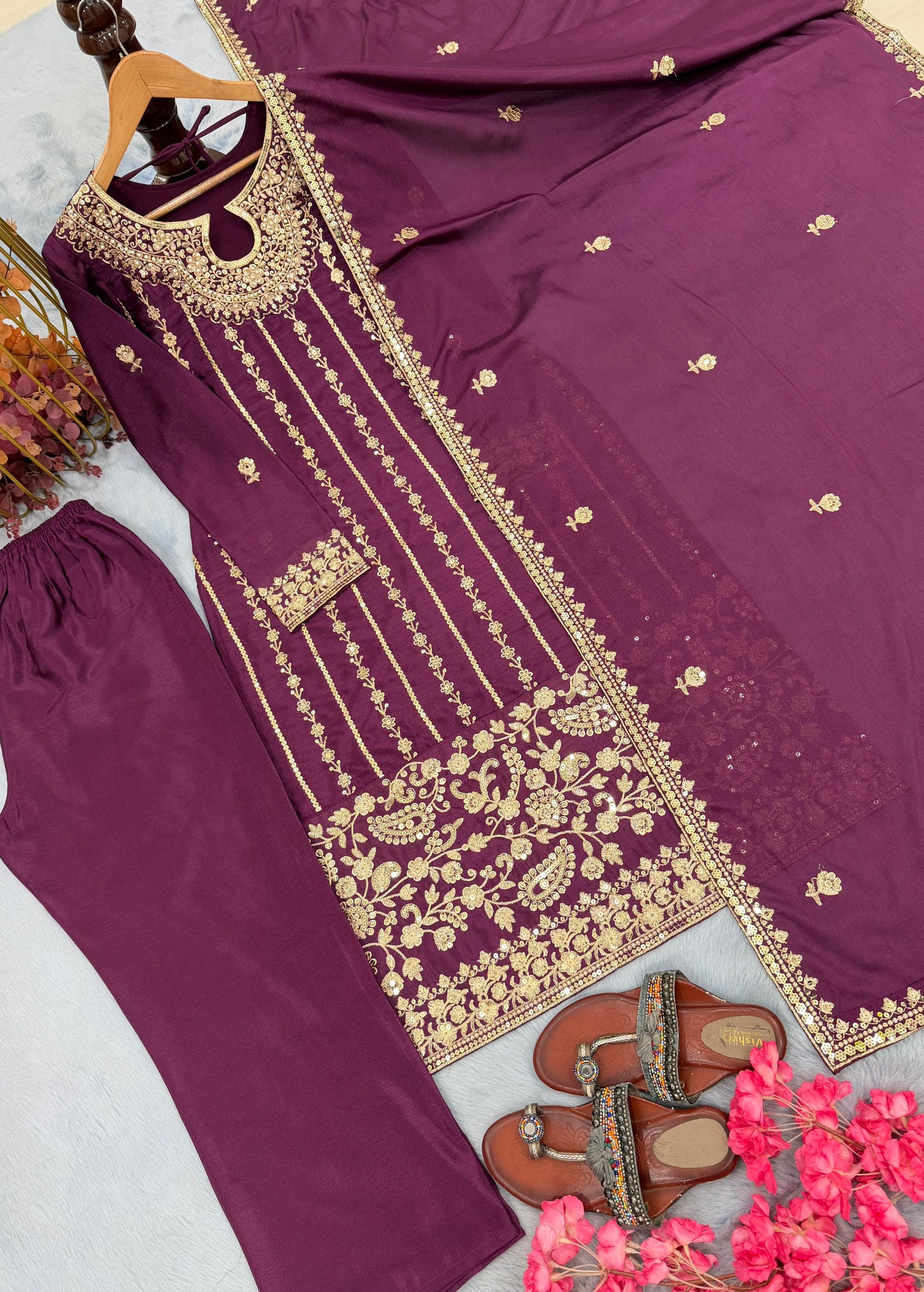 Wine Purple Designer Chinon Silk Embroidered Top–Bottom–Dupatta Set