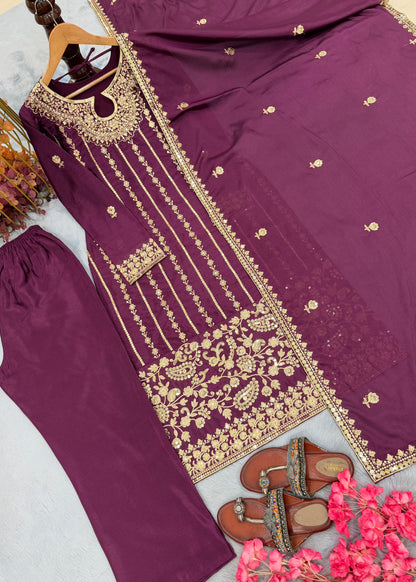 Wine Purple Designer Chinon Silk Embroidered Top–Bottom–Dupatta Set