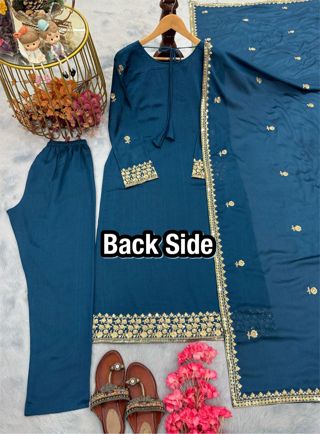 Crystal Teal Designer Chinon Silk Embroidered Top–Bottom–Dupatta Set