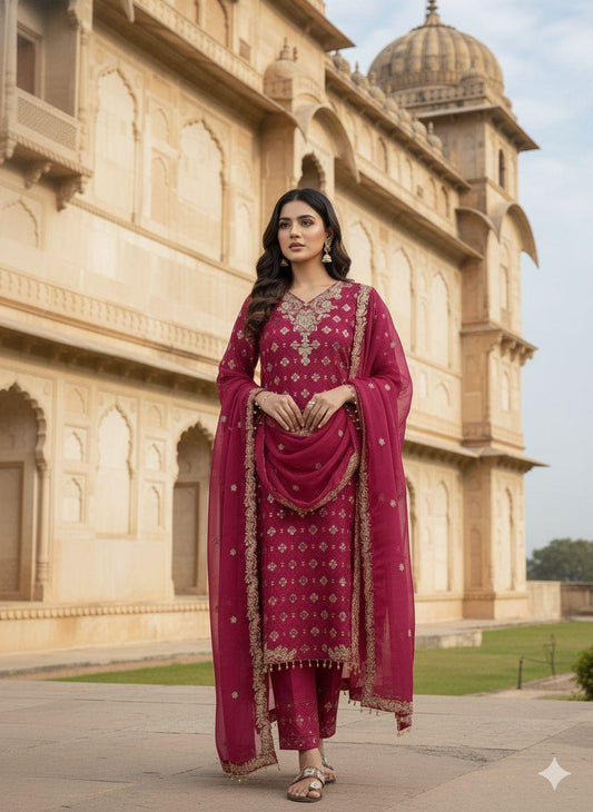 Celestia Deep Pink GMY Silk Embroidered Suit Set for Women