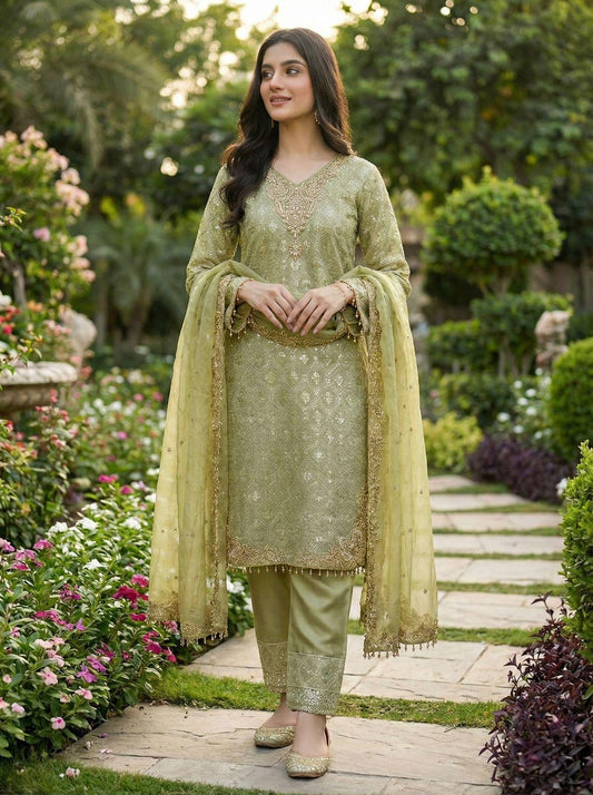 Celestia Pastel olive green GMY Silk Embroidered Suit Set for Women