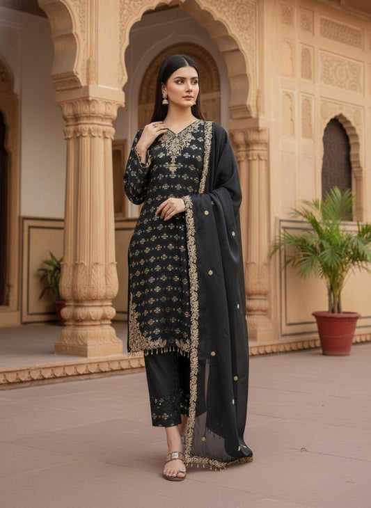Celestia Black GMY Silk Embroidered Suit Set for Women