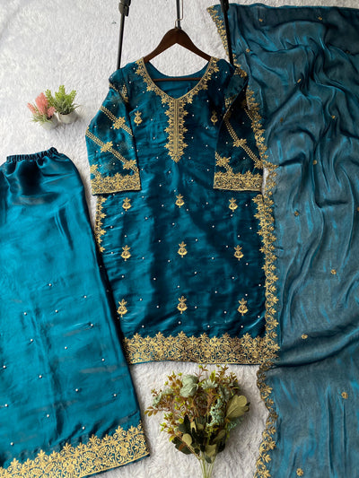 Teal Peacock Blue Designer Zimmy Choo Sequence Embroidered Top, Palazzo & Dupatta Set