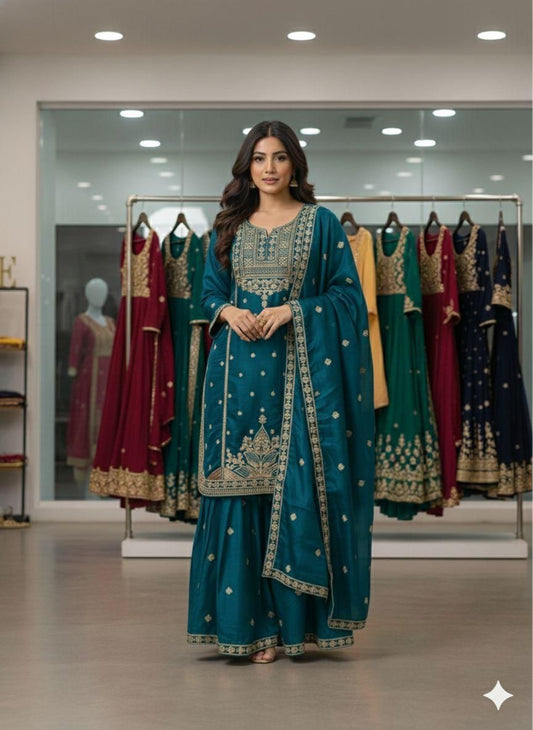 Teal Peacock Blue Designer Cording Sequins Embroidered Top, Sharara & Dupatta Set