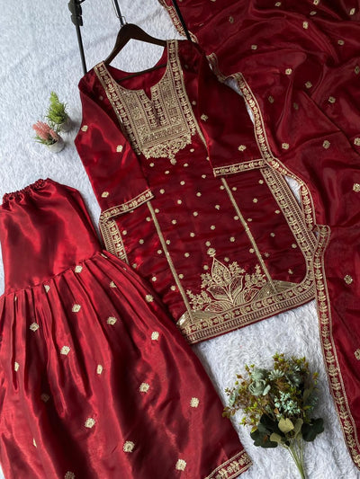 Wine Red Designer Cording Sequins Embroidered Top, Sharara & Dupatta Set