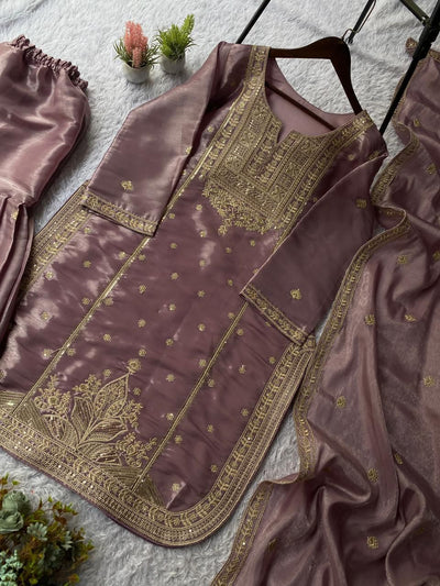 Dusty Pink Designer Cording Sequins Embroidered Top, Sharara & Dupatta Set