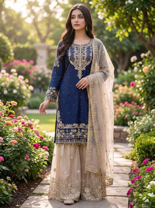 Blue Heavy Silk Eid Special Embroidered Top, Palazzo & Dupatta Set