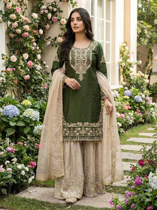 Green Heavy Silk Eid Special Embroidered Top, Palazzo & Dupatta Set