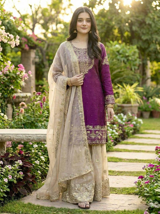 Purple Heavy Silk Eid Special Embroidered Top, Palazzo & Dupatta Set