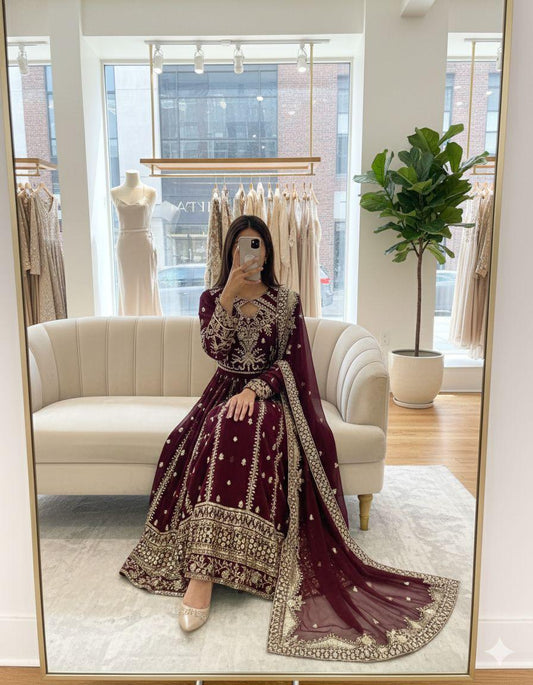 Wine Color Designer Faux Georgette Gown with Pant & Dupatta Set