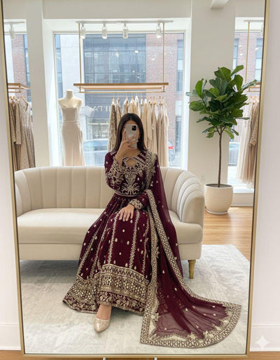 Wine Color Designer Faux Georgette Gown with Pant & Dupatta Set