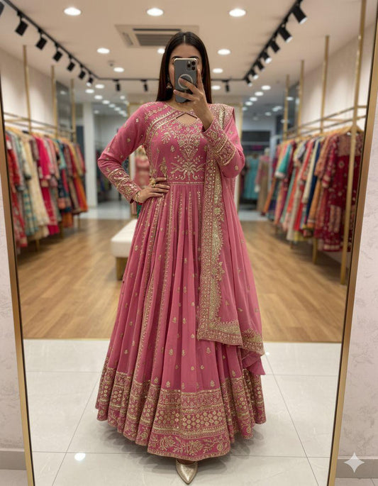 Pink Designer Faux Georgette Gown with Pant & Dupatta Set