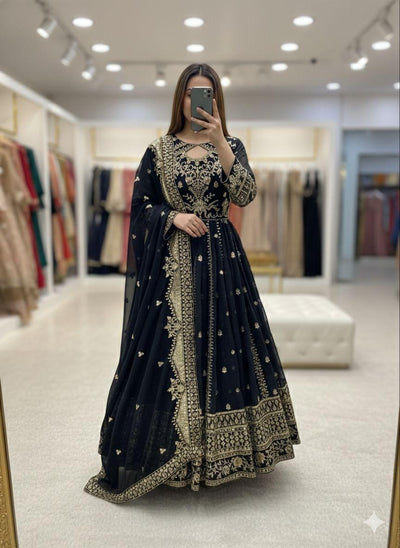 Navy Designer Faux Georgette Gown with Pant & Dupatta Set